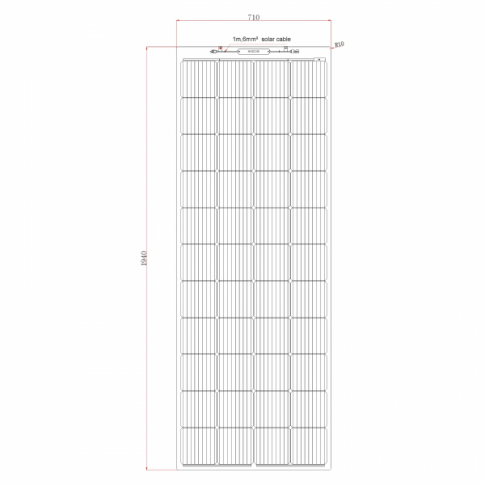 Line drawing of a 270W Reinforced Semi-Flexible Solar Panel with dimensions labeled: 1762mm height, 710mm width, 120mm depth, with a 1m 6mm² solar cable.