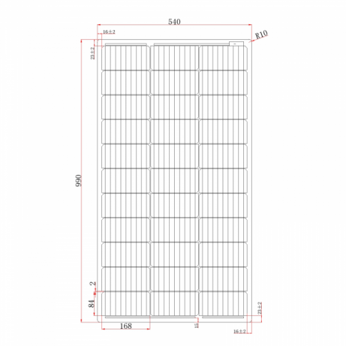 A technical drawing of a 100W Black Semi-Flexible Solar Panel (Rear Junction Box) with detailed measurements in millimeters.