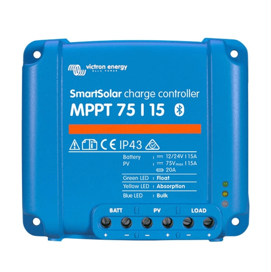 Blue Victron Energy MPPT charge controller with LED indicators, included in the 200W Flexible Solar Panel Kit, featuring ports labeled "BAT," "PV," and "LOAD.