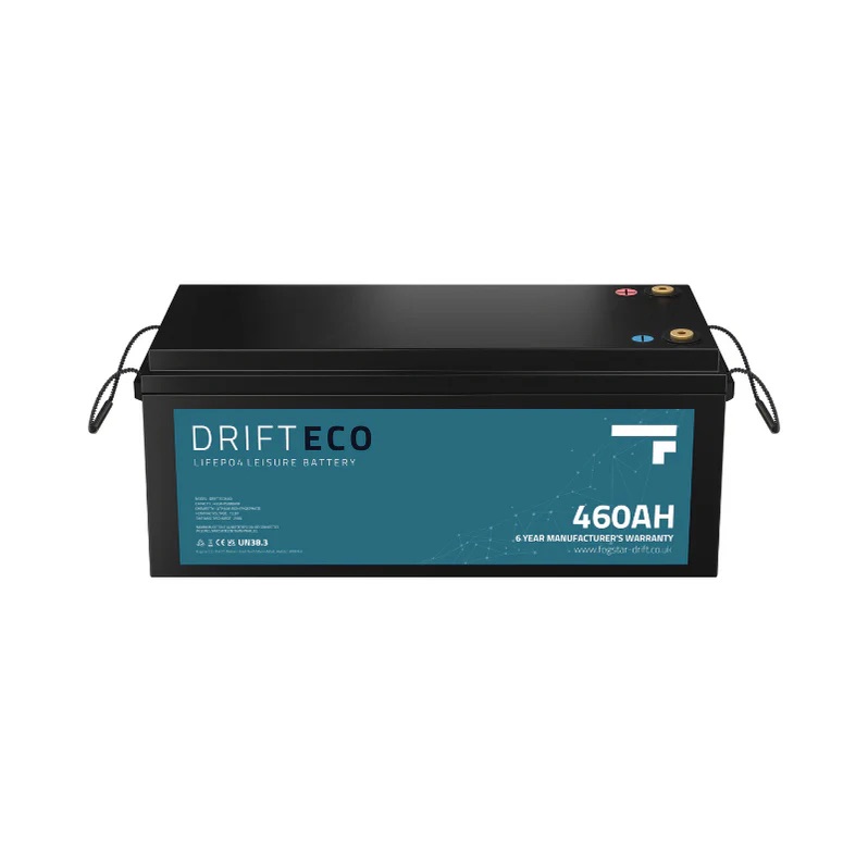 Fogstar Drift ECO 460Ah - 12V lithium leisure battery with black casing, blue label, and sturdy handles on both sides.