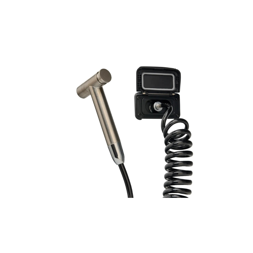 A stainless steel hand shower with a coiled black hose and wall mount, designed to complement the Scanstrut Ventura - Cold Water Outlet for modern marine or RV setups.