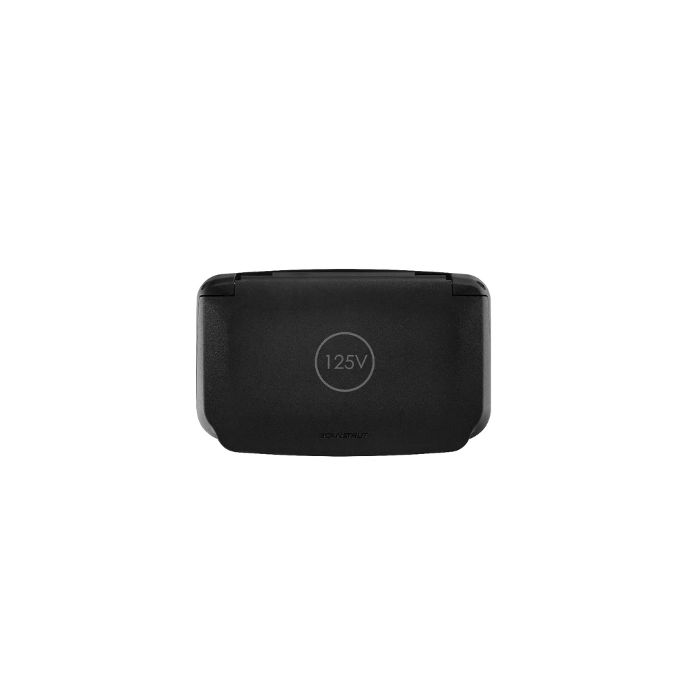 Black rectangular Scanstrut Ventura - Dual 125V 20A AC Outlet featuring "125V" in a circle on the front, centered on a white background.
