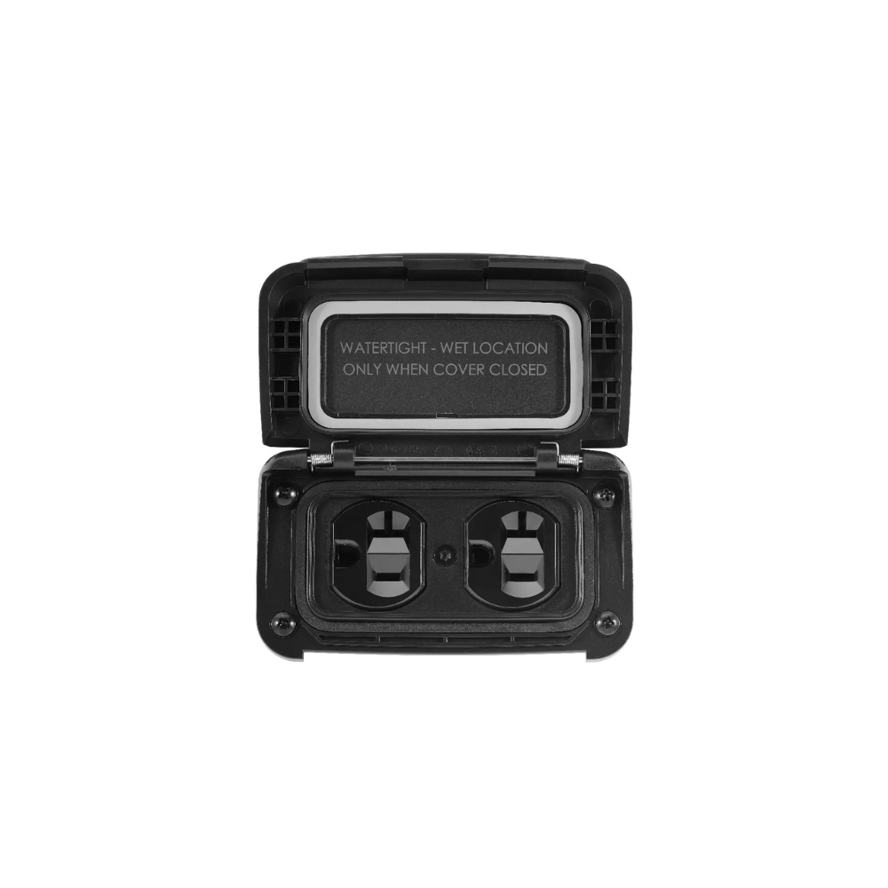 The Scanstrut Ventura - Dual 125V 20A AC Outlet features a black, watertight cover with "WATERTIGHT - WET LOCATION" on the lid, open to reveal two outlets—ideal for marine use or SAE Solar Connections.