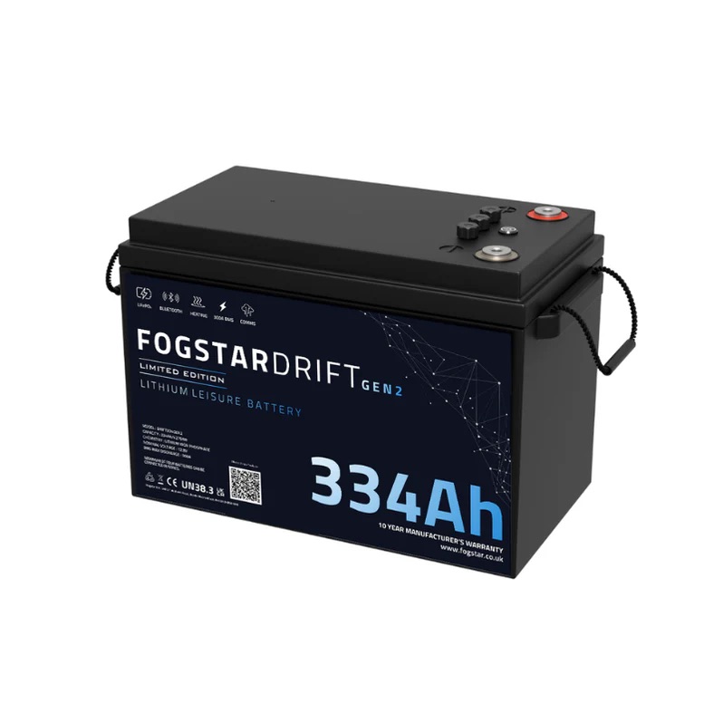 The black Fogstar Drift Gen2 300Ah 12V lithium leisure battery features sturdy handles and top terminal posts for easy installation and handling.
