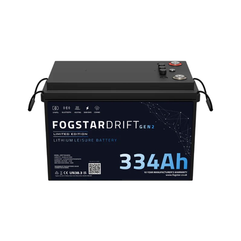 The Fogstar Drift Gen2 300Ah – 12V lithium leisure battery features a 300Ah capacity, with labelled features displayed on the front.
