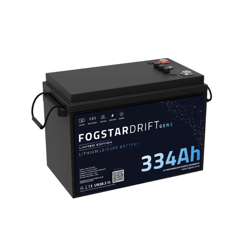 The Fogstar Drift Gen2 300Ah 12V lithium leisure battery features a capacity label and convenient carrying handles on each side.