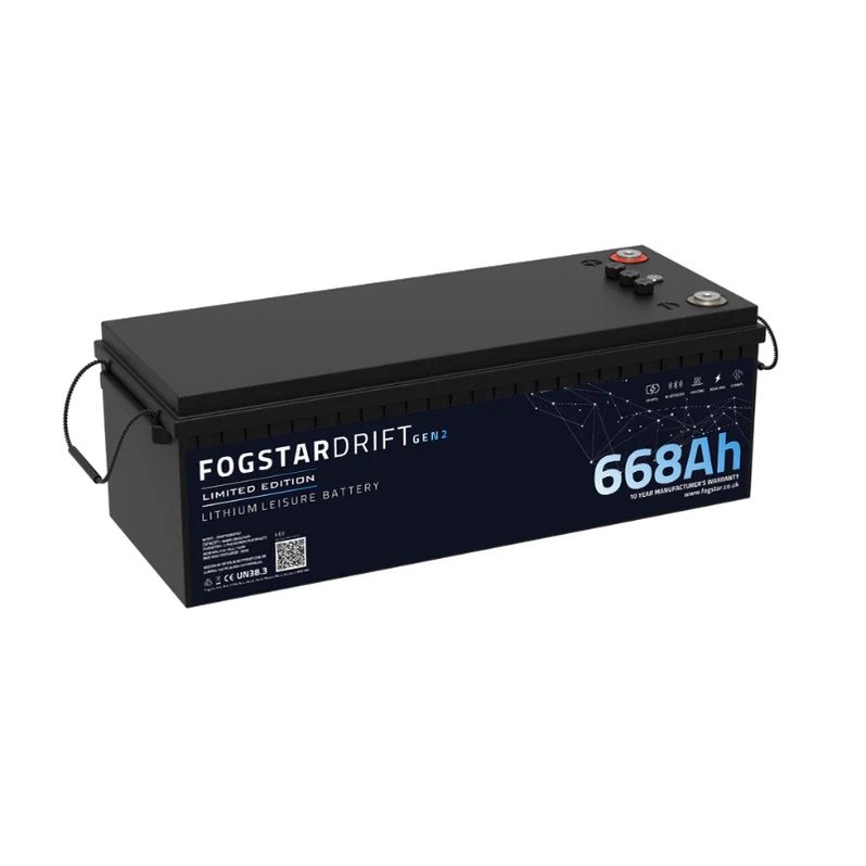 Rectangular black Fogstar Drift Gen2 668Ah – 12V lithium leisure battery with handles and top terminals.
