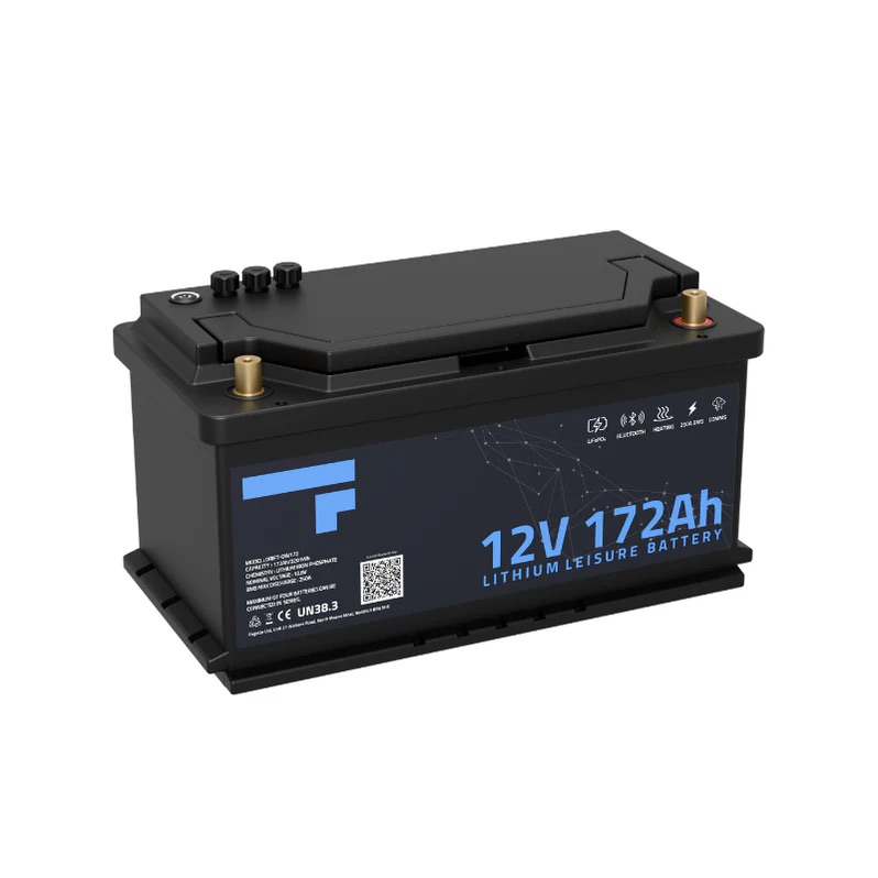 The Fogstar Drift 172Ah DIN Fit is a black 12V lithium leisure battery featuring blue labelling and top gold terminals, similar in design to the Fogstar Drift 105Ah.