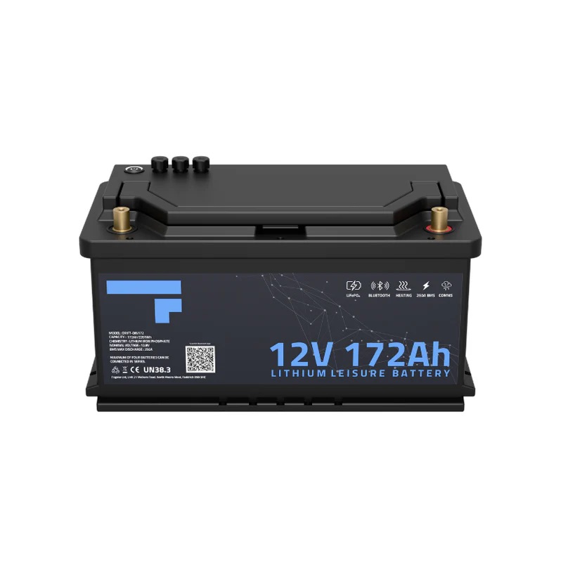 The Fogstar Drift 172Ah DIN Fit is a 12V lithium leisure battery with a stylish black case and blue label—an excellent choice for those comparing it to the Fogstar Drift 105Ah for their power requirements.