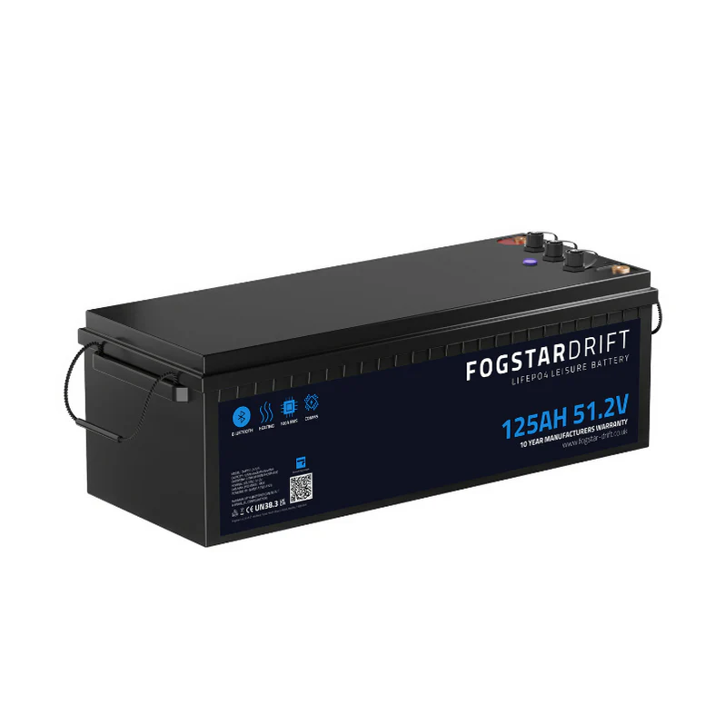 Fogstar Drift 125Ah - 48V lithium leisure battery with side handles and labelled front panel