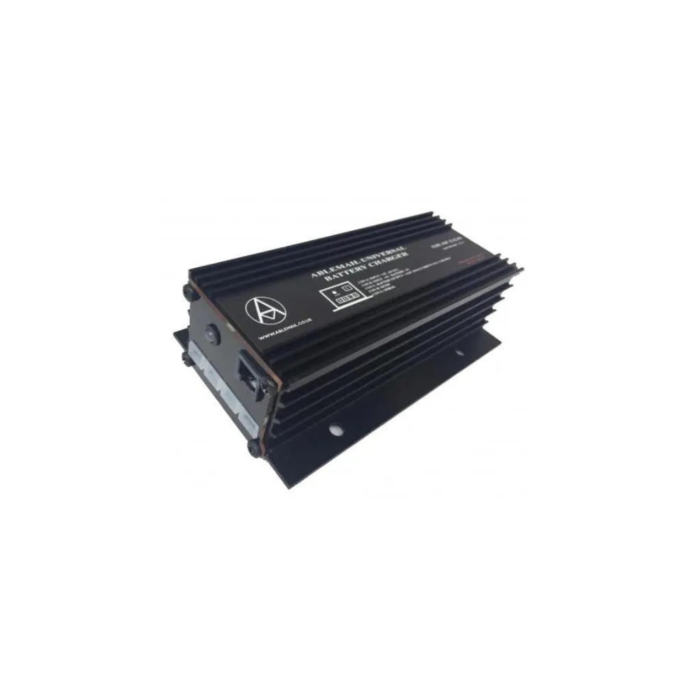 Black Ablemail AMT24-12-5A trickle charger with cooling fins and labelled ports shown on a white background.
