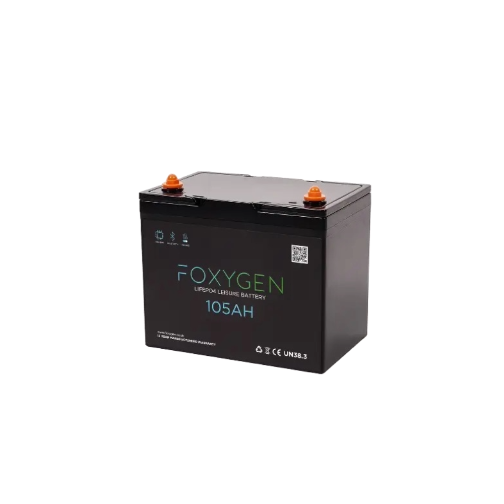 A Foxygen 105Ah - 12V lithium leisure battery in black with orange terminals, displayed on a white background.