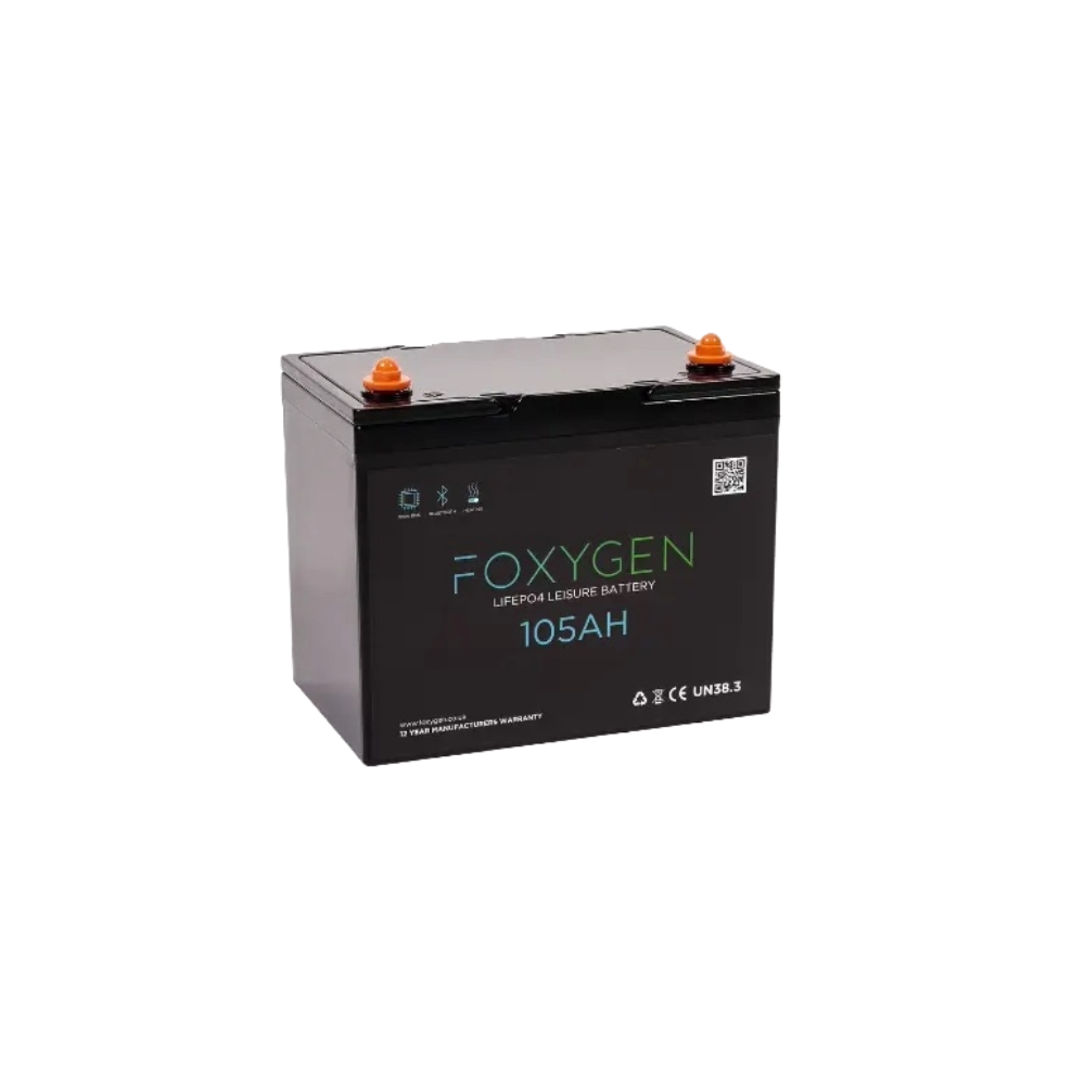 A Foxygen 105Ah - 12V lithium leisure battery in black with orange terminals, displayed on a white background. tilt right