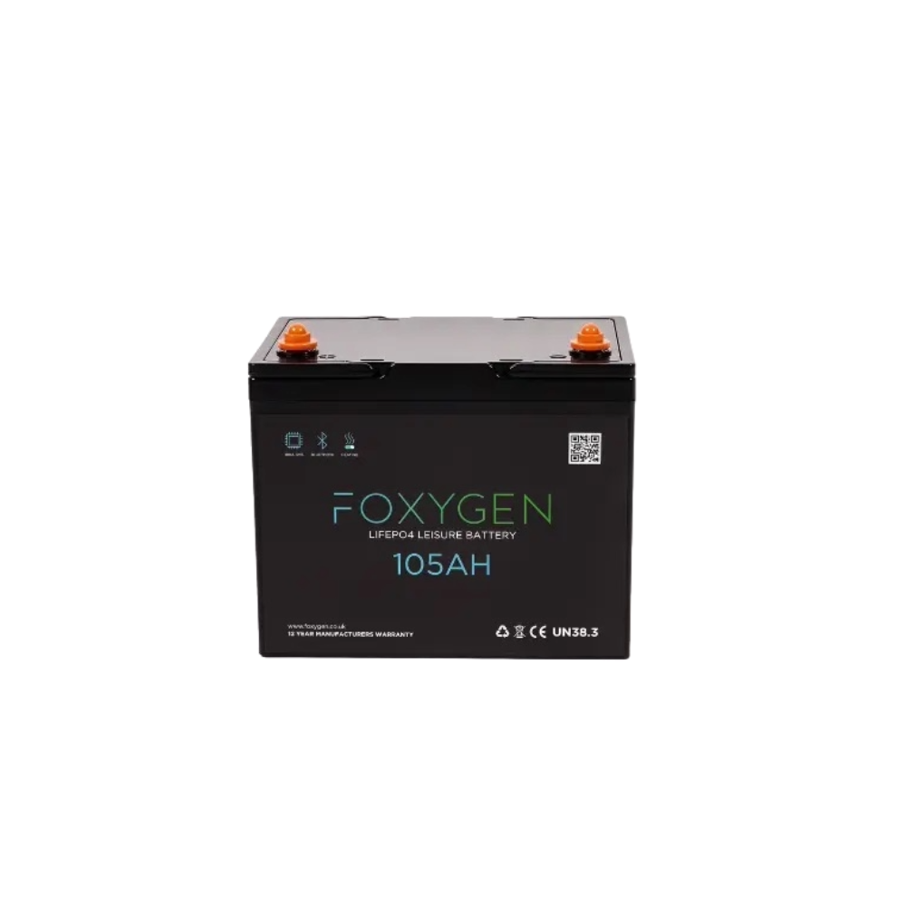 Black Foxygen 105Ah - 12V lithium leisure battery with two orange terminals, set against a white background, delivering performance comparable to the Fogstar Drift 105Ah.