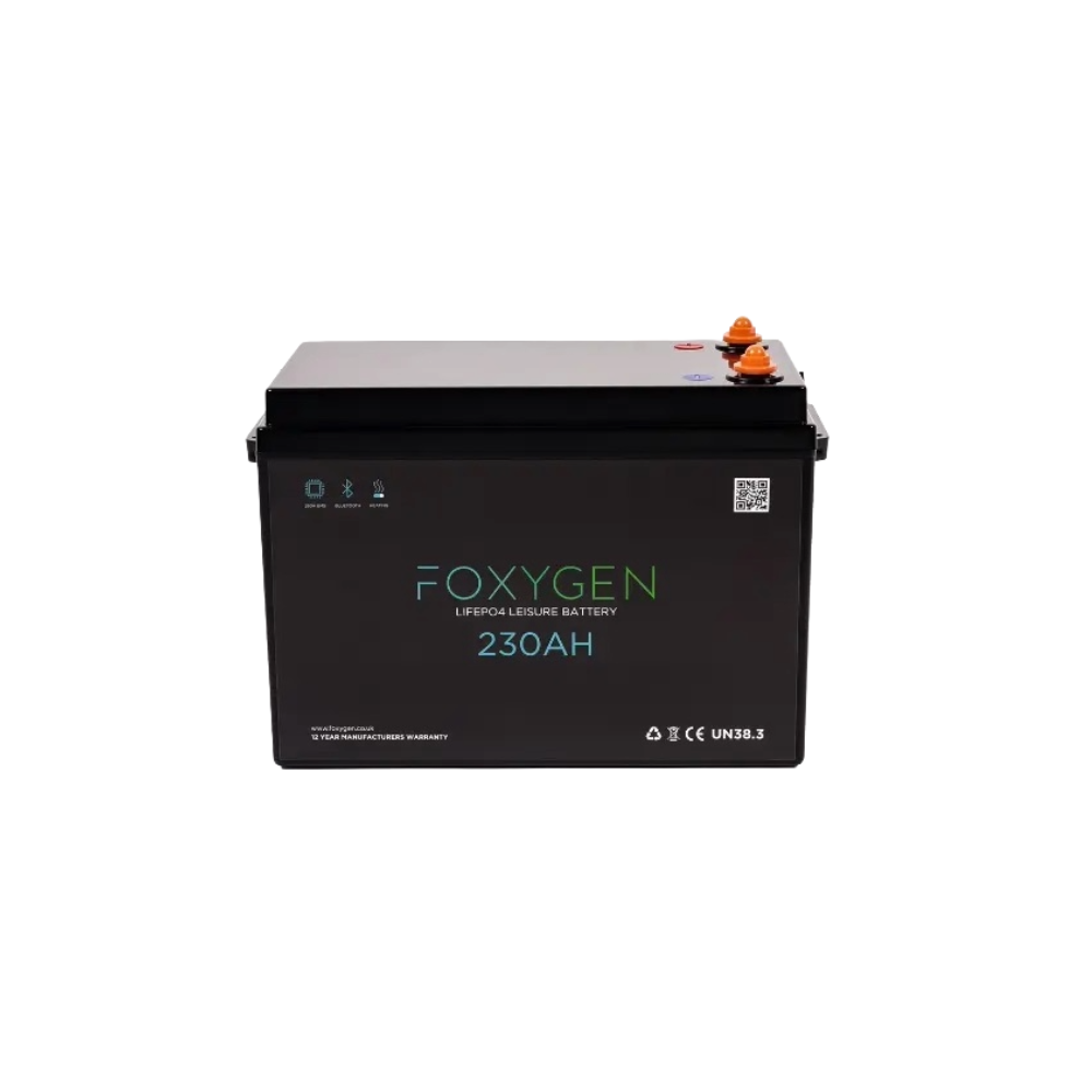 Foxygen 230Ah - 12V lithium leisure battery with black casing and orange terminals, displayed on a white background; also offered in a 105Ah capacity to suit diverse energy requirements.