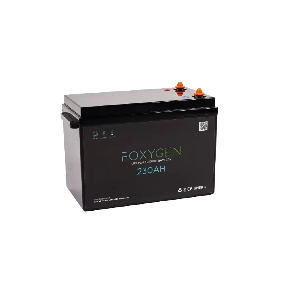 Black 230Ah Foxygen Lithium leisure battery left view