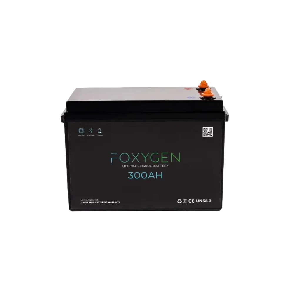 Black 300Ah Foxygen Lithium leisure battery front view