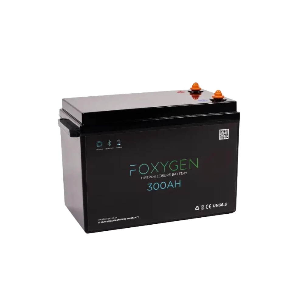 Black 300Ah Foxygen Lithium leisure battery left view
