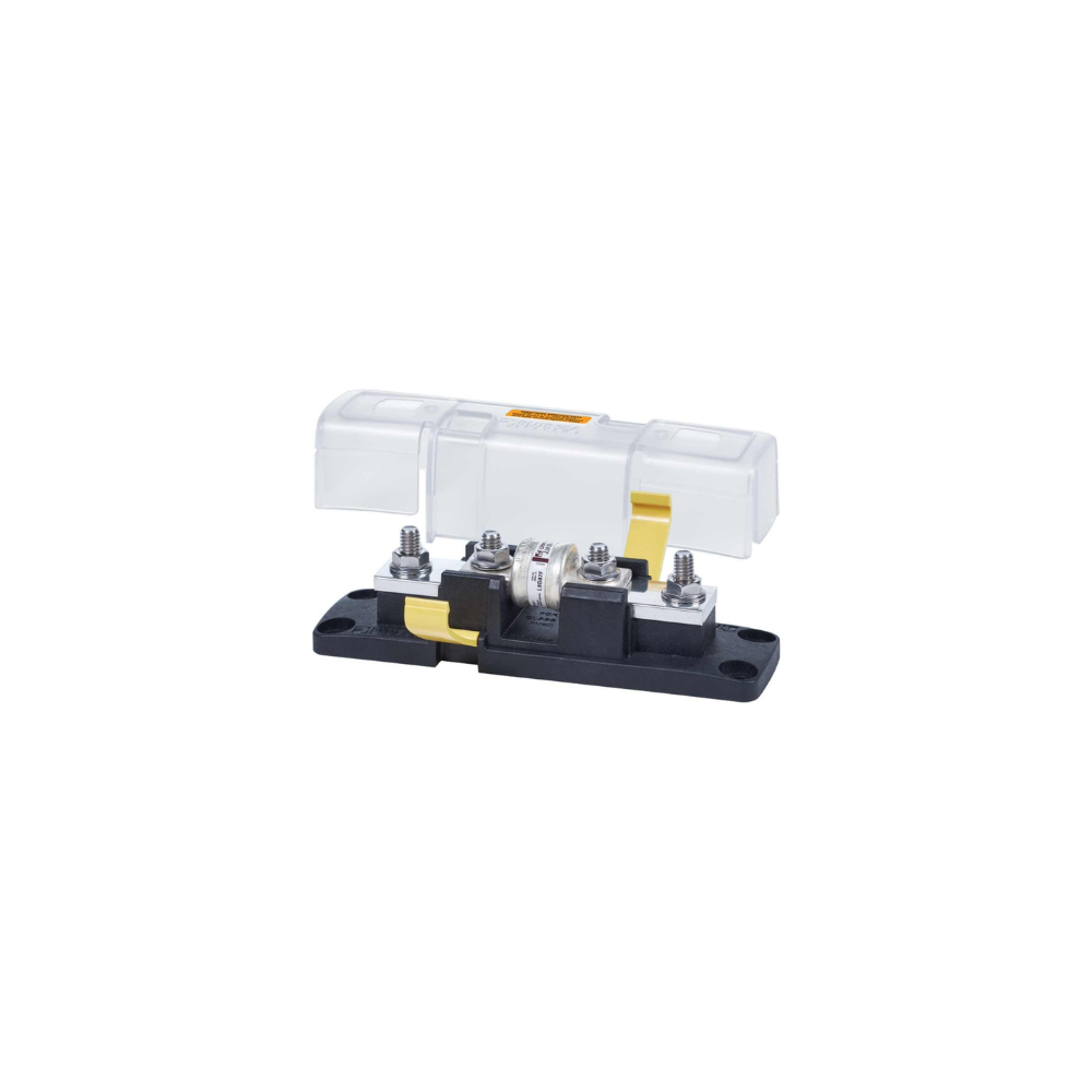 The Blue Sea Class T Fuse Block Ignition Protected (110-200A) features a clear plastic cover, black base, and visible metal terminals with screws.