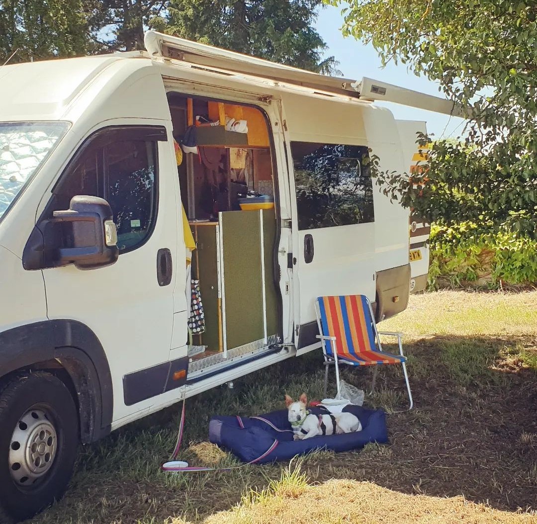 Martina's self converted van set up for a sunny day with ping relaxing in his bed