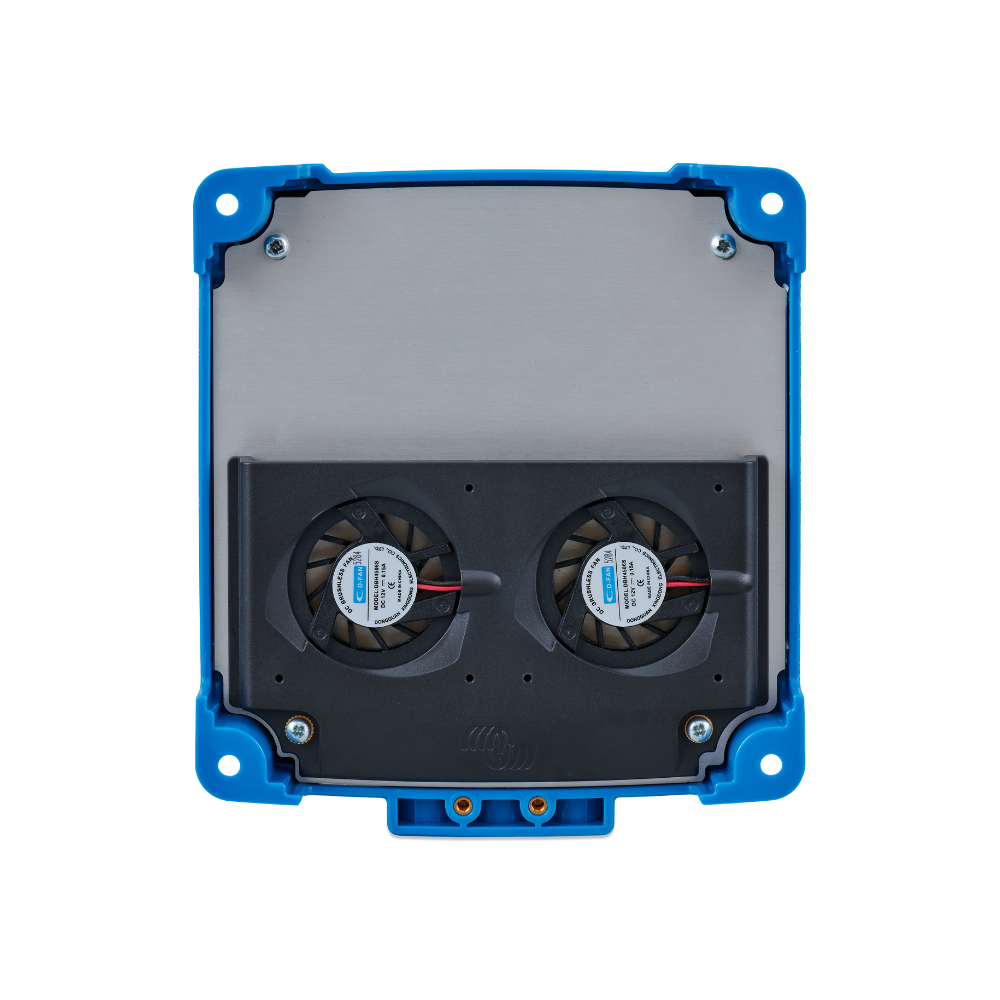 Blue and black electronic device with two cooling fans and a silver metal panel, viewed from above—this design is characteristic of the Victron Orion XS 12/12-70A DC-DC Battery Charger - Non-Isolated Smart BuckBoost.