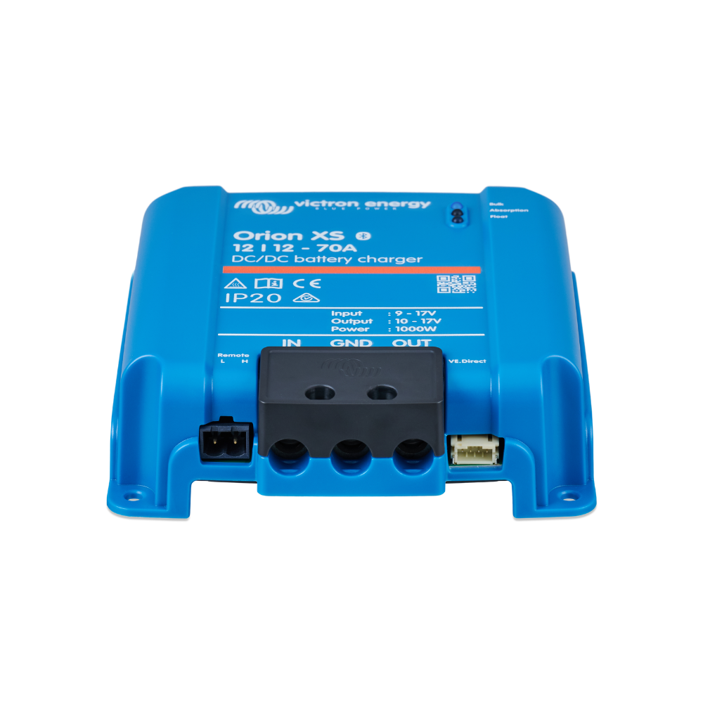 The Victron Orion XS 12/12-70A DC-DC Battery Charger - Non-Isolated Smart BuckBoost is shown face up on a white background.
