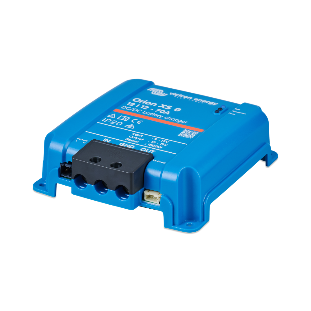 Victron Orion XS 12/12-70A DC-DC Battery Charger - Non-Isolated Smart BuckBoost, shown in blue with labelled ports and mounting holes, viewed at an angle.