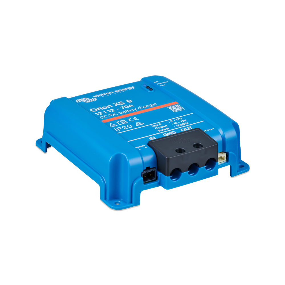 Victron Orion XS 12/12-70A DC-DC Battery Charger - Non-Isolated Smart BuckBoost: The Victron Orion XS 12/12-70A DC-DC battery charger features clearly labelled input and output ports for easy installation and reliable performance.