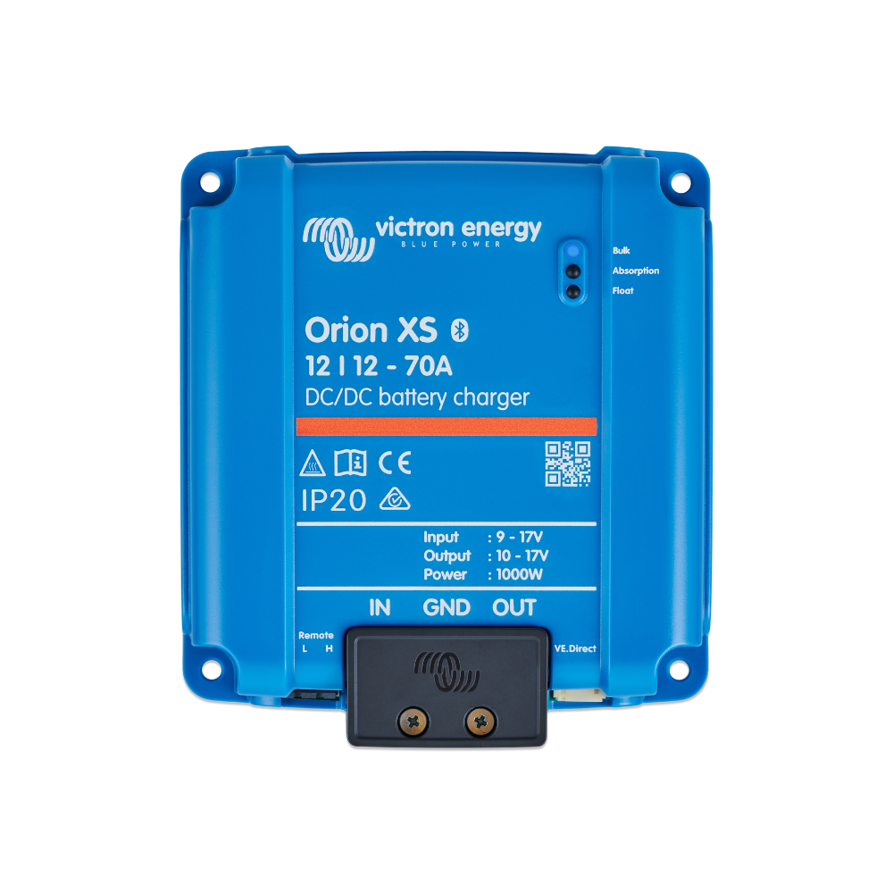 The Victron Orion XS 12/12-70A DC-DC Battery Charger - Non-Isolated Smart BuckBoost by Victron Energy features input, output, and status lights that are clearly visible from above.