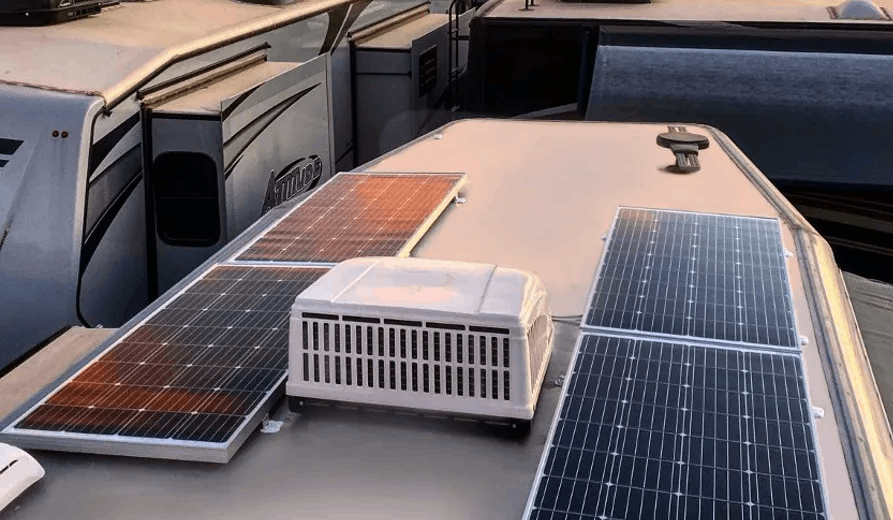 roof of caravan with Dometic solar panels and air con unit