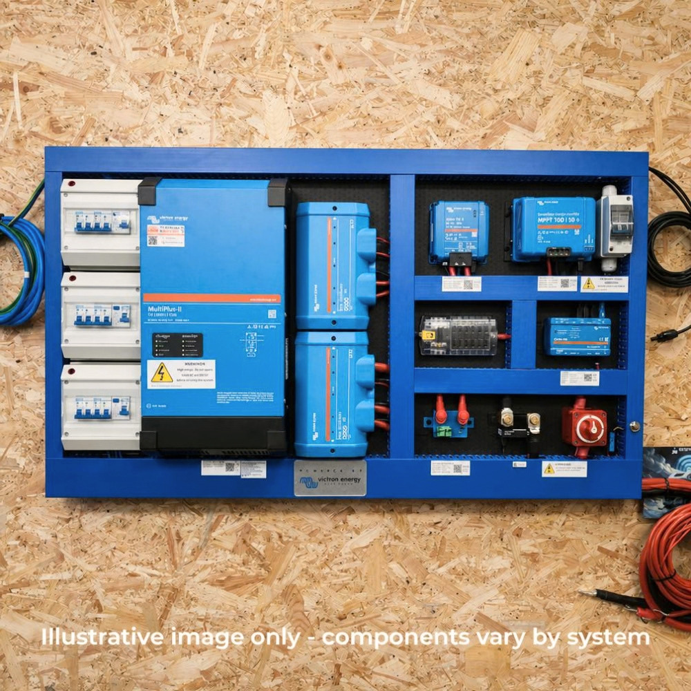 A blue panel featuring a Complete flat campervan electrical system - 2kVA inverter charger, solar, B2B and batteries.