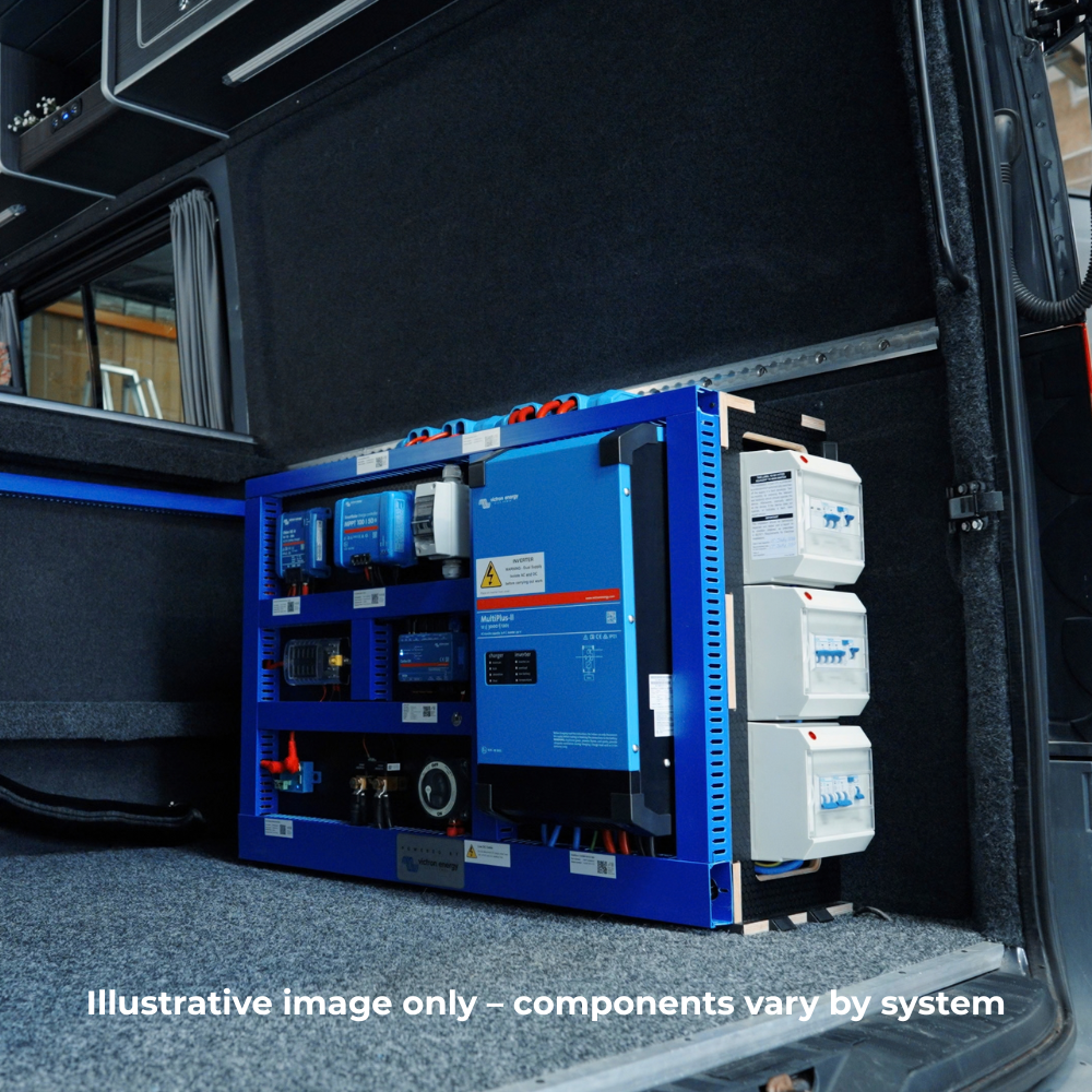 Complete folded campervan electrical system - 2kVA inverter charger, solar, B2B and batteries in a frame.