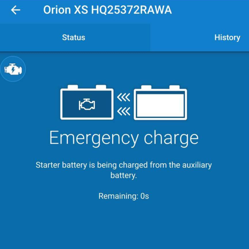 Orion XS app screen showing an emergency charge status where the auxiliary battery performs emergency reverse charging.
