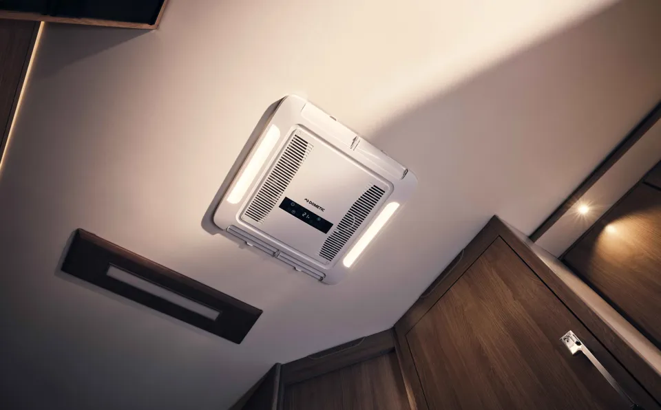 Ceiling of a motorhome showing the air con unit distribution box